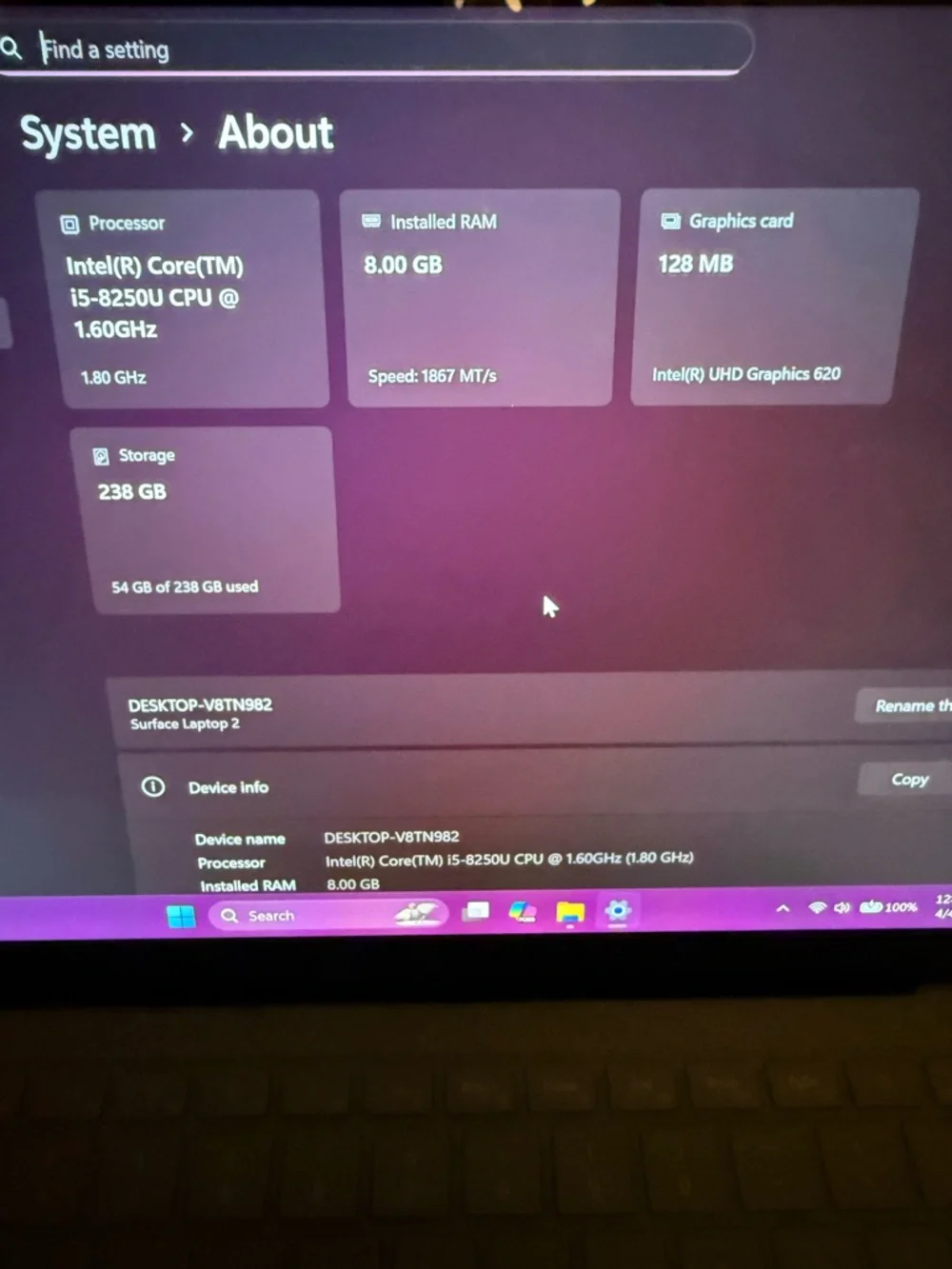 Microsoft Surface Laptop 2 i5-8250u RAM 8GB SSD 256GB Windows 11 Pro 64-Bit - Picture 9 of 10